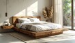 © PixelTundra - Minimalist platform bed in warm oak wood with linen bedding, styled in a bright neutral room with soft daylight and textured stone accents.