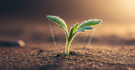 Young Plant Sprout with Dew Drops and Spiderweb in Golden Morning Light