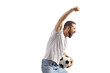 © Ljupco Smokovski - Profile shot of a young man with a football cheering and gesturing with hand