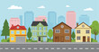 © Momotaj Contributor - Vector illustration of suburban houses, modern residential street, city skyline background, urban neighborhood, colorful homes, trees, road view, contemporary architecture design
