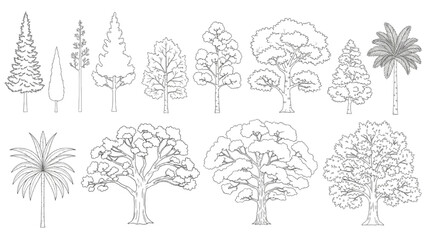 Wall Mural - CAD Tree Line Minimal Set | Outline Symbols for Architecture and Landscape Design