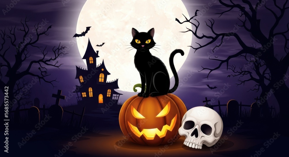 Spooky halloween night with a black cat on a pumpkin, haunted house ...