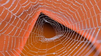 Dew covered spiderweb glistening in the morning light against orange background