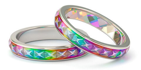 Crystal 3D rings with holographic rainbow gradient isolated on white background