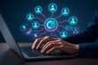 © merioum - Hands on laptop with customer analytics network, AI hub connected to icons and charts, concept for CRM automation, data segmentation, and marketing intelligence visuals.