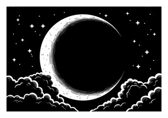 Wall Mural - moon in the night sky with clouds and stars black and white outline line art drawing