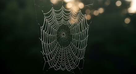 Glistening Spiderweb with Morning Dew Drops and Bokeh Background
