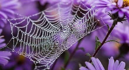 Delicate spiderweb covered in dew drops on vibrant purple flowers close up macro