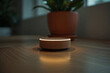 © MASUDHOSEN - Modern smart speaker illuminated on wooden table surface with plant in background