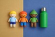© Maria - Colorful toy figures arranged alongside bright green thermos, showcasing playfulness