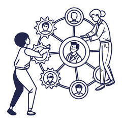 Teamwork collaboration concept, people connecting, gears turning, organizational structure, business solutions