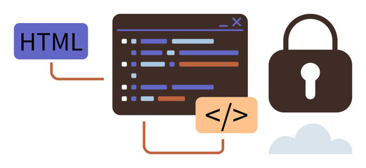 Code editor with HTML and coding tags connected to a padlock symbol and cloud, representing secure coding practices. Ideal for cybersecurity, coding, web development, IT training, online security