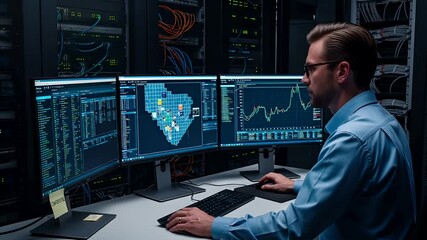 Data Analyst Monitoring Network Security and Financial Data on Multiple Screens