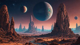 Alien desert with towering rocks and multiple moons at dusk