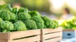 © Himas Arts - Fresh green broccoli florets in wooden crate at farmers market