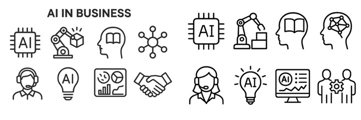 Overview of artificial intelligence applications in business with diverse icons representing various technologies and functions