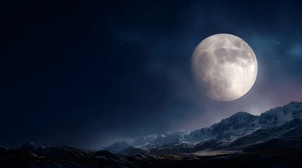 Wall Mural - a bright supermoon illuminates a rugged mountain range under a starlit dark blue night sky creating 