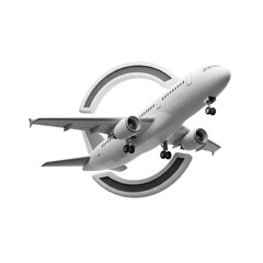 Commercial Airplane Taking Off or Landing with Abstract Circular Element on White Background, Global Air Travel and Logistics Concept, 3D Render