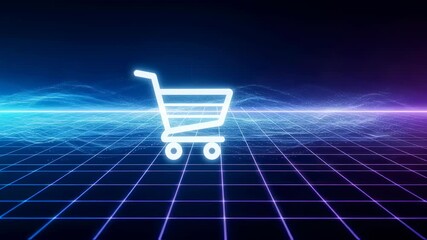 Wall Mural - Digital shopping cart on futuristic grid in cyberspace, online retail, and blockchain transaction process footage