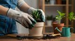 © Annie Frolova - Close-up of hands repotting succulent in ceramic pot with soil and tools, indoor gardening process, ai generation
