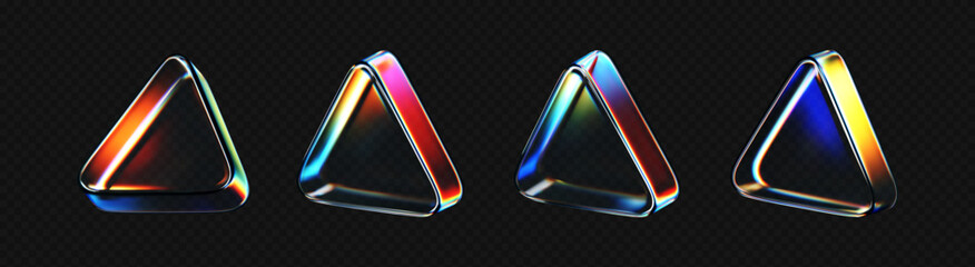 Wall Mural - 3D crystal glass triangles with holographic neon gradient and prism reflection. Render futuristic transparent triangles for UI, media buttons, tech design, digital backgrounds. 3d vector figure