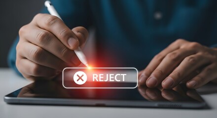 Person s hand using stylus to reject a digital notification on tablet screen