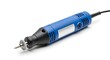 © MHS - A close up of a blue and black rotary tool with a polishing attachment on a white background surface