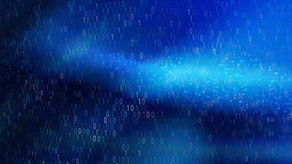 The artwork features a dynamic background of binary code in varying shades of blue, symbolizing the world of technology and digital information flowing seamlessly.