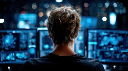 Man Working on Multiple Computer Screens with Data and Code