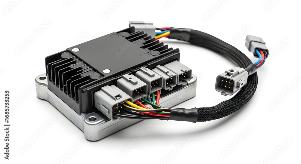 A close up of a black electronic control unit with wires and connectors ...