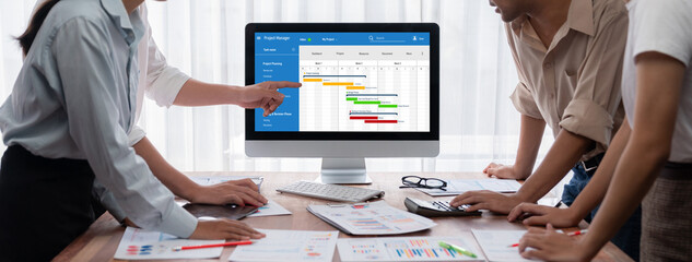Wall Mural - Project planning software for brisk business project management on the computer screen showing timeline chart of the team project