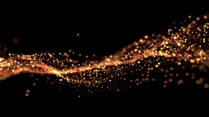 Wall Mural - Mesmerizing wave of golden particles flows gracefully against dark background, creating sense of movement and depth. This captivating visual evokes feelings of energy and dynamism
