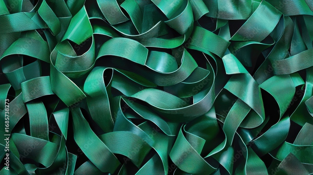 String Ribbons Texture Twisted green ribbons create an intricate texture in a close-up view ...