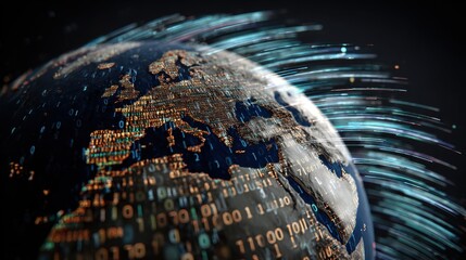 Digital representation of Earth with data streams illustrating global connectivity and information exchange across continents