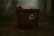 © Sergii - Rusty dumpster in deserted and foggy place with recycle sign