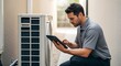 © graphiczone872 - Technician using a tablet to inspect an outdoor air conditioning unit