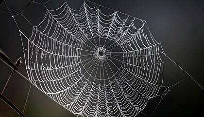 Close-up shot of a delicate spiderweb, showcasing intricate structure and dew droplets