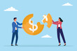 © Sohag sarkar - Vector illustration of businessman and businesswoman assembling golden coin puzzle with dollar sign, symbolizing financial growth, investment, teamwork, and business success