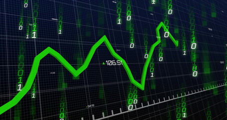 Wall Mural - Displaying green line graph zigzagging in trading interface with binary digits and numeric labels