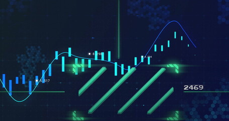 Wall Mural - Showing chart with candlestick bars, line graph, labels on screen, hex grid overlay, diagonal bars