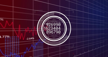 Wall Mural - Displaying white infographic showing numeric values on screen with red and blue charts, grid lines