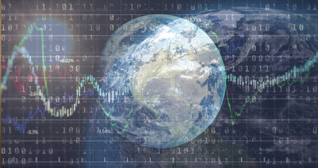 Wall Mural - Rotating Earth globe showing binary overlay in data space, with colored line graphs and percentages