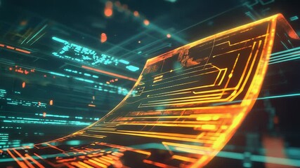 Futuristic orange hologram floating through cyberspace showing programming code