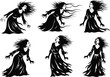© DesignSoul - Gothic Screaming Woman Silhouettes, Haunted Female Ghost Illustrations, Spooky Horror Witches in Long Dresses with Flowing Hair Vector Set