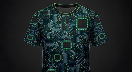 sleek t-shirt design features vibrant blue and green digital circuit board pattern with integrated m