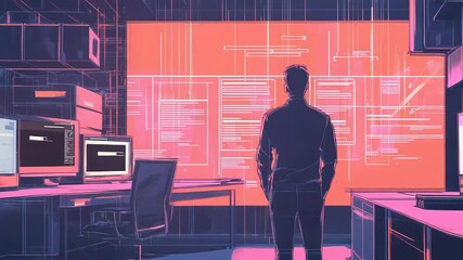 Programmer analyzing code projected on big screen in modern office