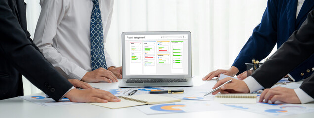 Project planning software for brisk business project management on the computer screen showing timeline chart of the team project