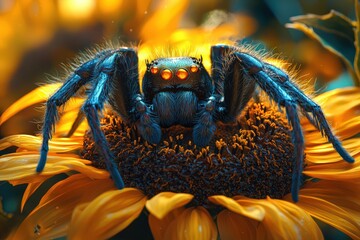 Blue spider on vibrant sunflower; macro shot