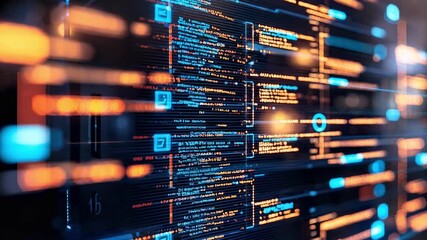 A futuristic digital display showcasing vibrant data streams and coding interfaces from a sophisticated technological environment.