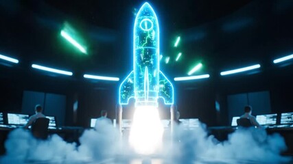 Futuristic Rocket Launching into Outer Space with Digital Interface and Control Room